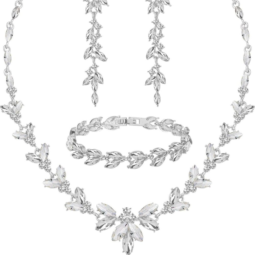 Crystal Leaf Motif Necklace, Bracelet & Earrings Set - Silver Tone